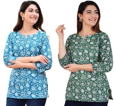 GURUFASHIONS Women Printed Straight Kurta(Blue, Green)