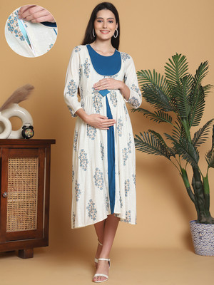 Moms Maternity Women Floral Print Ethnic Dress Kurta(Light Green)