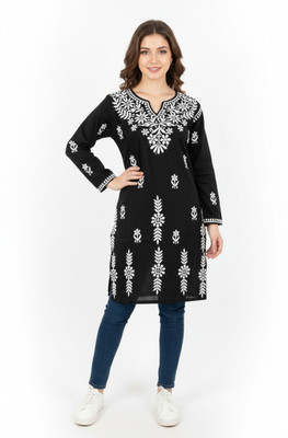 nafa creatin Women Chikan Embroidery Ethnic Dress Kurta(Black)