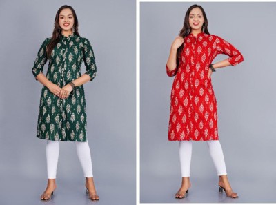 KHHUBHI FASHION Women Printed Straight Kurta(Green, Red, Beige)