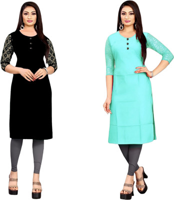 HOFC Women Solid Straight Kurta(Black, Blue)