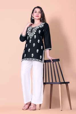 SKFASHIONSMARTS Women Chikan Embroidery A-line Kurta(Black)