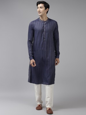 See Designs Men Chikan Embroidery Straight Kurta(Blue)