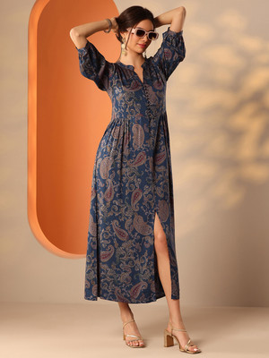 LIBAS Women Printed Flared Kurta(Blue)