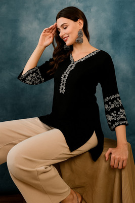 TIYASQA Women Embroidered A-line Kurta(Black)