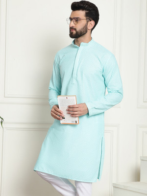 SOJANYA Men Checkered Straight Kurta(Blue)