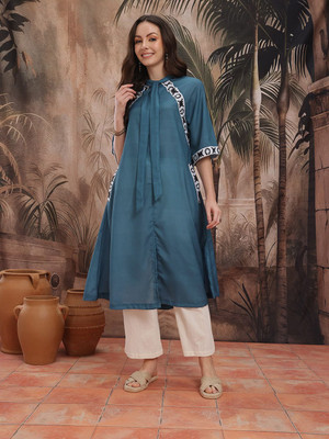 Sangria Women Abstract A-line Kurta(Green)
