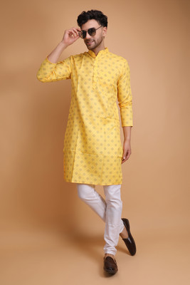 DARKCHILL Men Printed, Geometric Print A-line Kurta(Yellow)