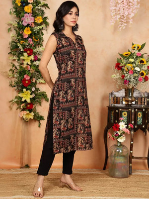 Lamba Creations Women Printed Straight Kurta(Black)