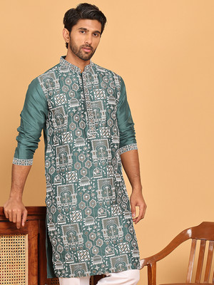 Jompers Men Embroidered Straight Kurta(Green)