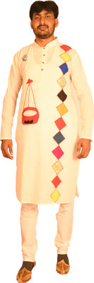 amrgarments Men Patchwork, Applique Straight Kurta(White)