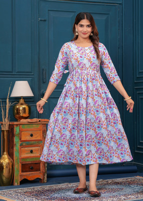 GUNINI Women Printed Anarkali Kurta(Purple, Light Blue)