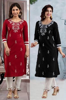 vikshi Women Chikan Embroidery Straight Kurta(Red)