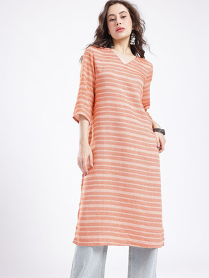 Anouk Rustic Women Striped Straight Kurta(Orange)