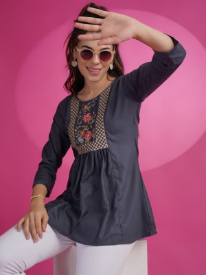 Youthnic Casual Embroidered Women Grey Top