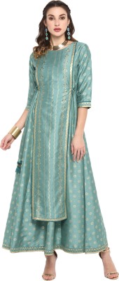 Janasya Women Printed Asymmetric Kurta(Light Green)