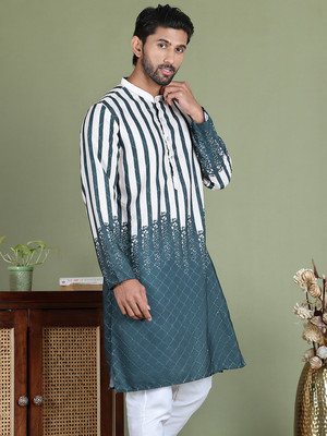Jompers Men Printed Straight Kurta(Blue, White)