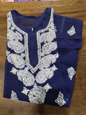 Adab chikan handicraft Women Embroidered A-line Kurta(Dark Blue, White)