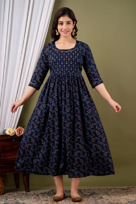HouseOfCommon Women Printed Anarkali Kurta(Dark Blue, Blue, Beige)