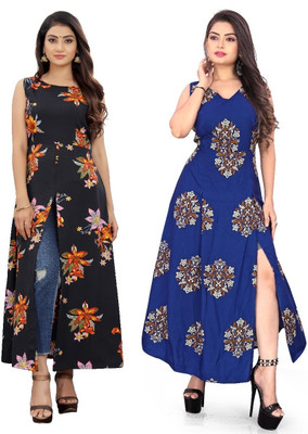 Hiral Creation Women Floral Print Frontslit Kurta(Blue)