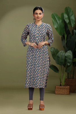 Cotton Culture Women Printed Straight Kurta(Blue)