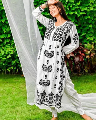 TRENDINAARI Women Embroidered, Chikan Embroidery Straight Kurta(White)