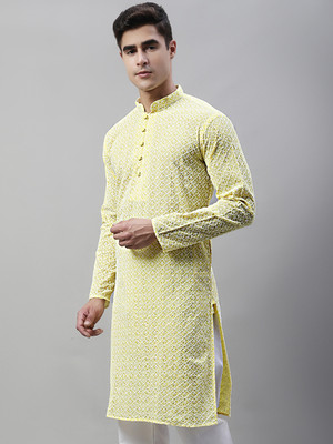 Jompers Men Chikan Embroidery Straight Kurta(Light Green)
