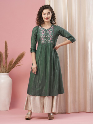 Globus Women Embroidered A-line Kurta(Green)