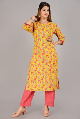 Vadhai Women Printed Straight Kurta(Yellow)