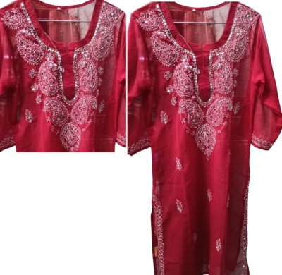 Ns Fashion Women Chikan Embroidery Straight Kurta(Red)