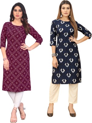 Gitanjali Trend Women Printed Straight Kurta(Purple, Dark Blue)