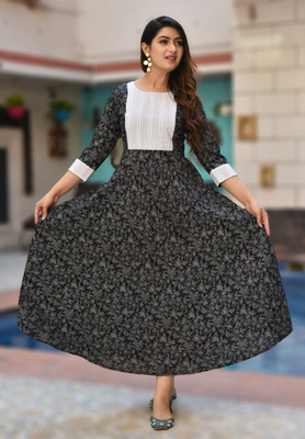Glowworld Women Printed Anarkali Kurta(Black)