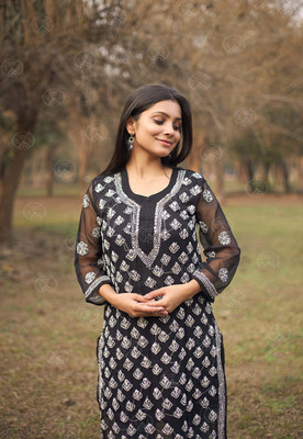 malabis Women Chikan Embroidery Straight Kurta(Black)
