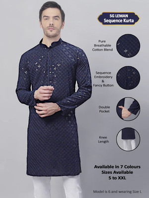 SG LEMAN Men Embroidered Straight Kurta(Dark Blue)