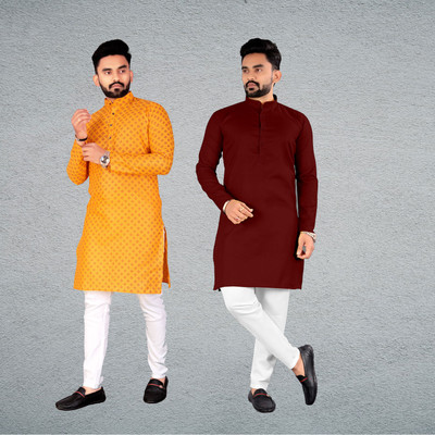 FRELURO Men Solid Straight Kurta(Maroon, Yellow)