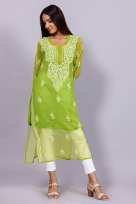 Neelam Chikan Women Chikan Embroidery Straight Kurta(Green)