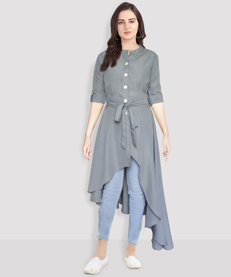 Glitter Fashion Women Solid Frontslit Kurta(Grey)