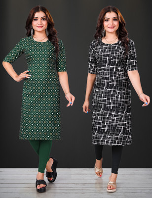 KASASKA Women Printed Straight Kurta(Black)