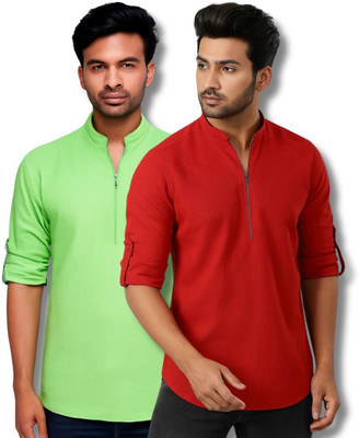 GOD HEART Men Solid Straight Kurta(Light Green, Red)