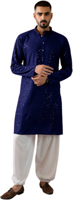click n buy Men Embroidered Straight Kurta(Dark Blue)