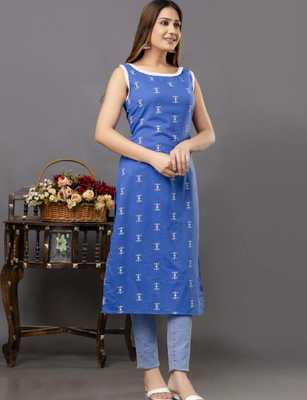 KASHINO Women Printed Straight Kurta(Blue)