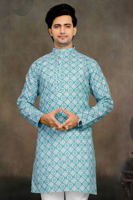 Nirwear creation Men Printed Straight Kurta(Blue)