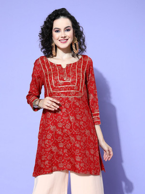 all about you Women Printed Straight Kurta(Maroon)