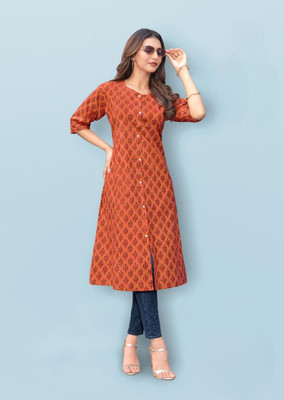 ABHI FAB Women Printed Straight Kurta(Orange)