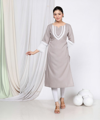 VEDRAJ Women Embroidered Straight Kurta(Grey)