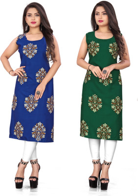 maruti fab Women Floral Print Straight Kurta(Blue, Green)