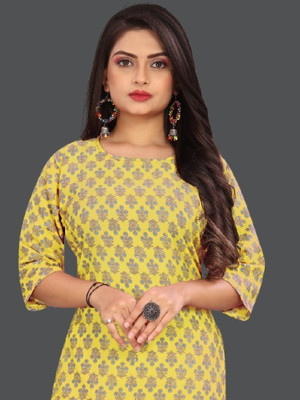 shilpa synthetic Women Printed Flared Kurta(Yellow)