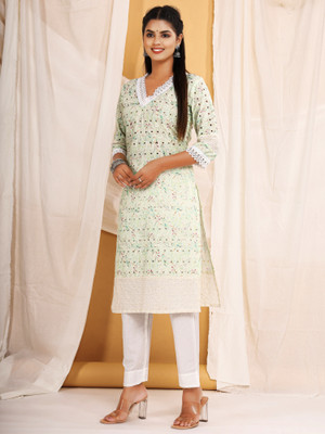 vogue treasures Women Chikan Embroidery Straight Kurta(Green)