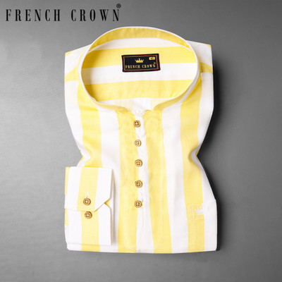 french crown Men Striped Straight Kurta(Yellow, White)