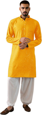 click n buy Men Embroidered Straight Kurta(Yellow)